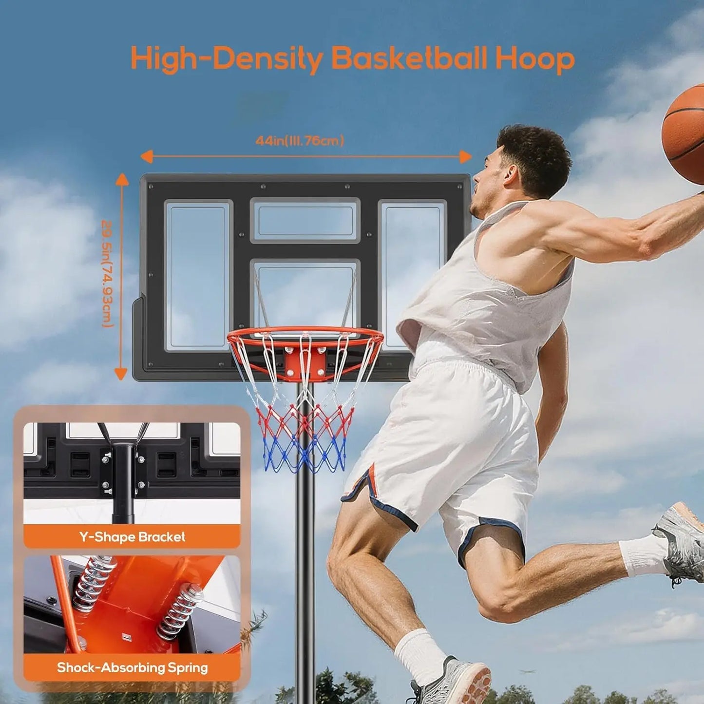 Portable Basketball Hoop Outdoor, Adjustable 44-Inch Shatterproof Backboard, Shock Absorbent Rim, Fillable Base with Wheels