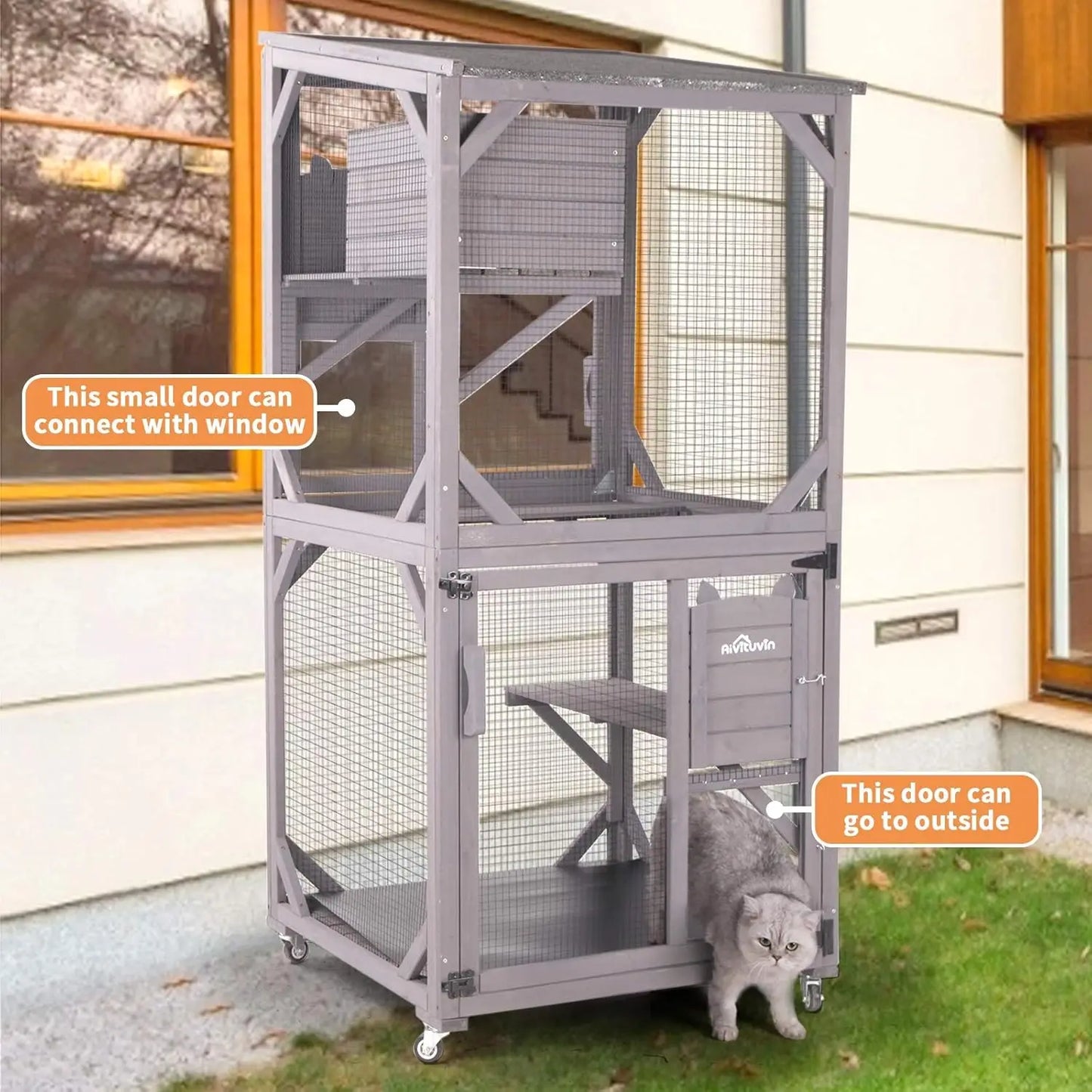 Indoor Outdoor Cattery Large Wooden Cat Cage With Wheels