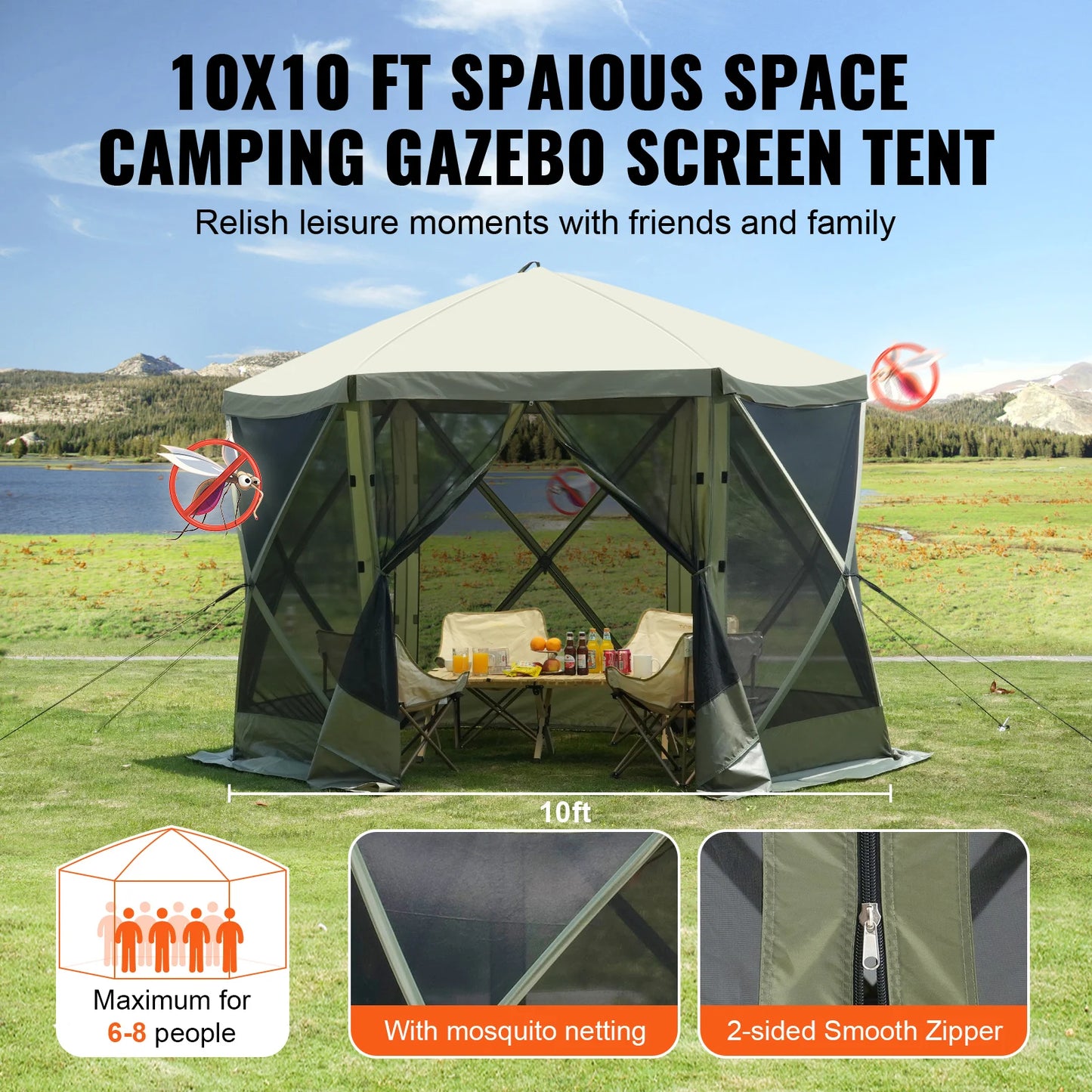 SucceBuy Pop Up Gazebo Tent Pop-Up Screen Tent 6 Sided Canopy Sun Shelter with 6 Removable Privacy Wind Cloths & Mesh Windows
