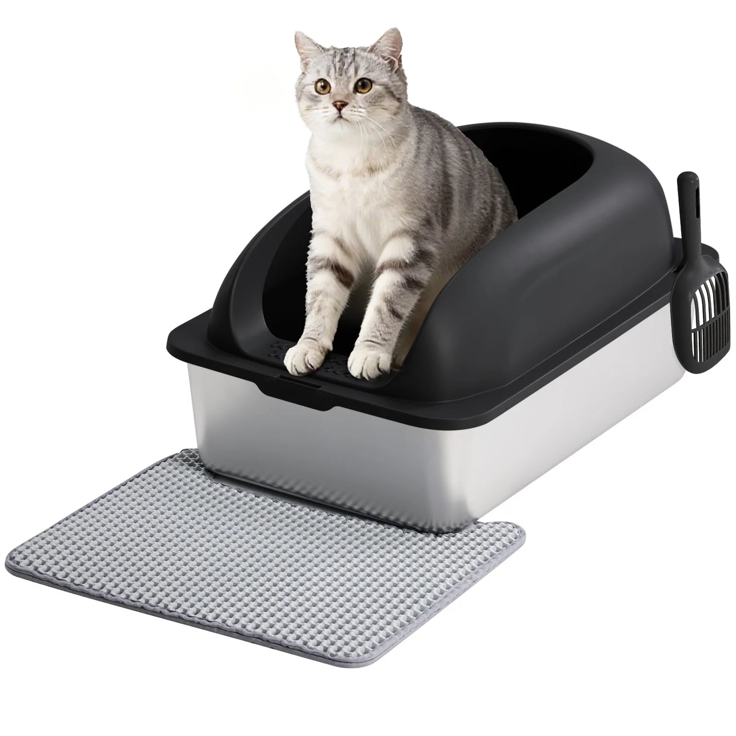 Stainless Steel Cat Litter Box With Lid, Scoop And Mat