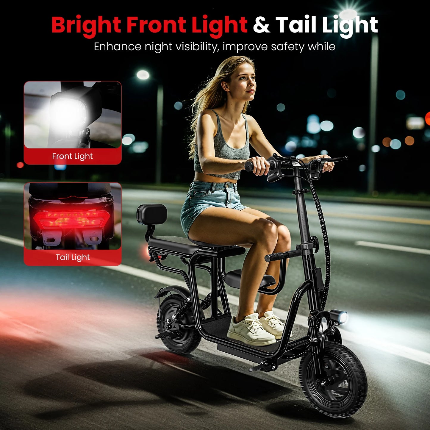 48V Electric Scooter with Seat for Adults Electric Scooter with 750W Peak Power Motor 18.75 MPH 20 Mile Range, Dual Disc Brakes