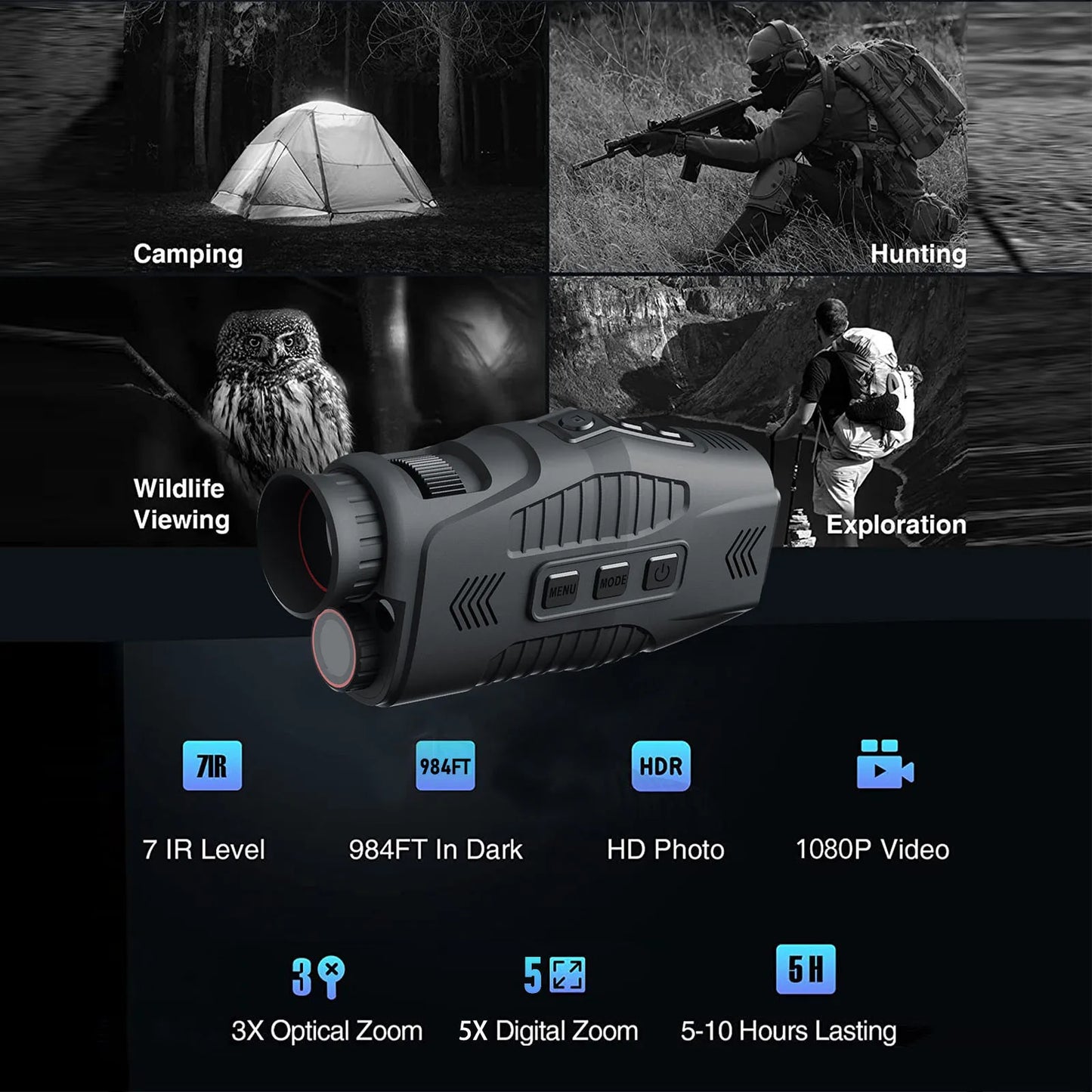 Night Vision Goggles Monocular Telescope R11 Digital Night Vision Monocular with 1080p Video 5X Digital Zoom 300m Long Distance