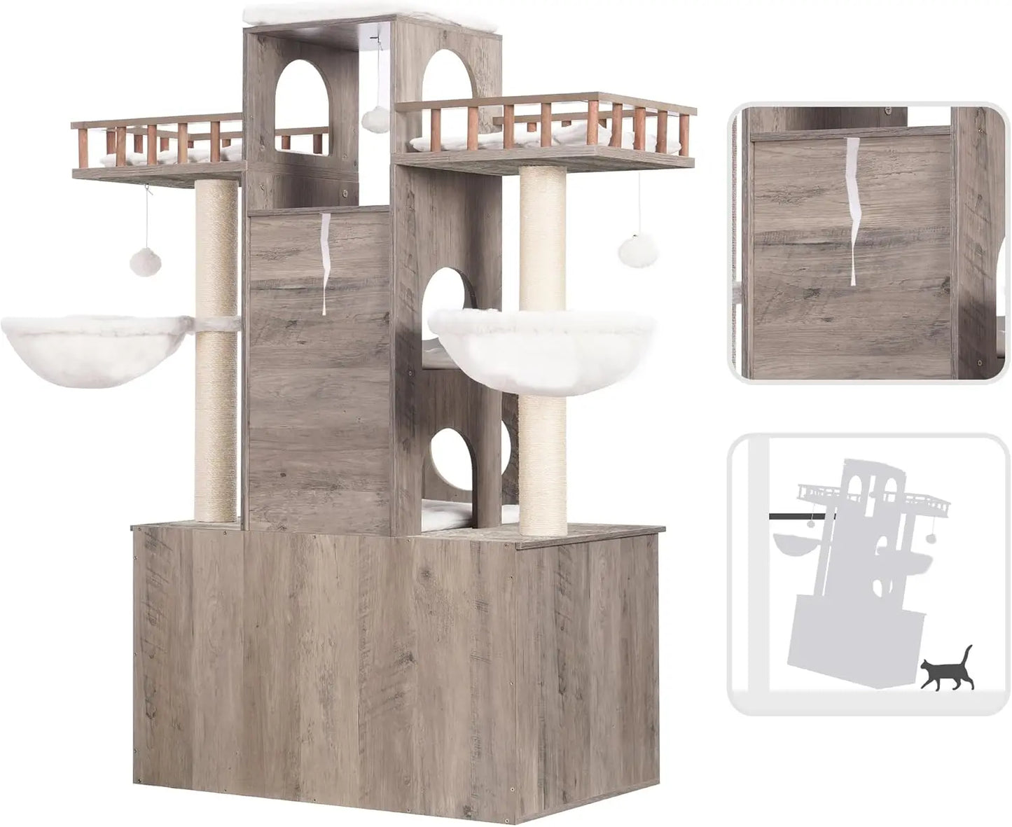 Triple-Tier Cat Tree With Litter Box Enclosure And Scratching Posts