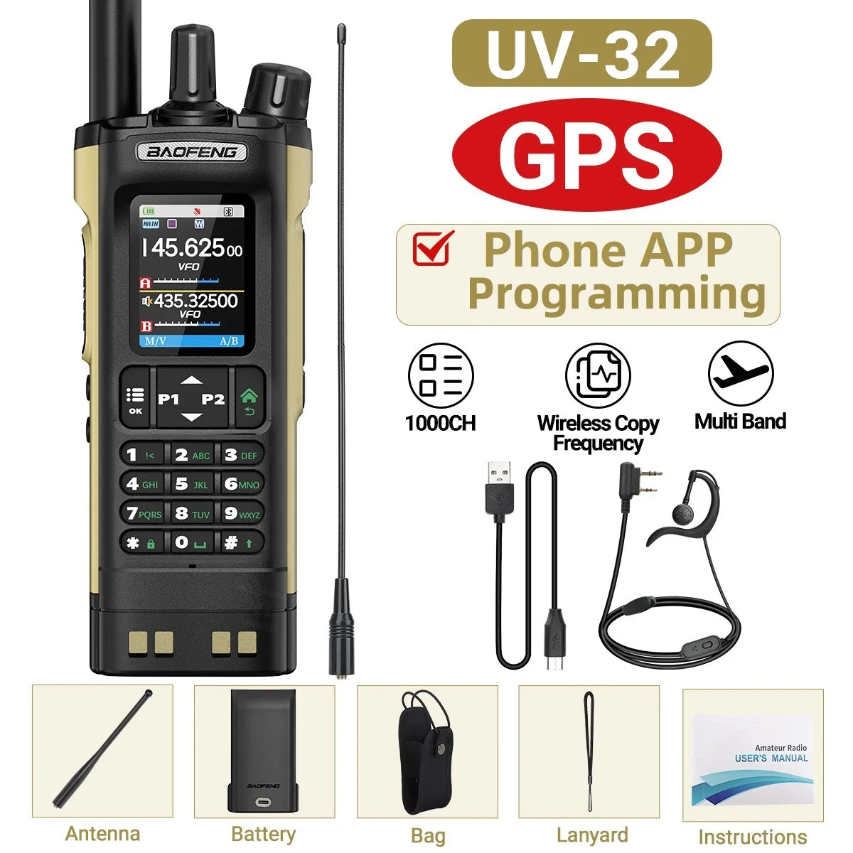 Baofeng UV-32 GPS Walkie Talkie 10W Long Range Multi Band Bluetooth APP Programming Wireless Copy Frequency Type-C Two Way Radio