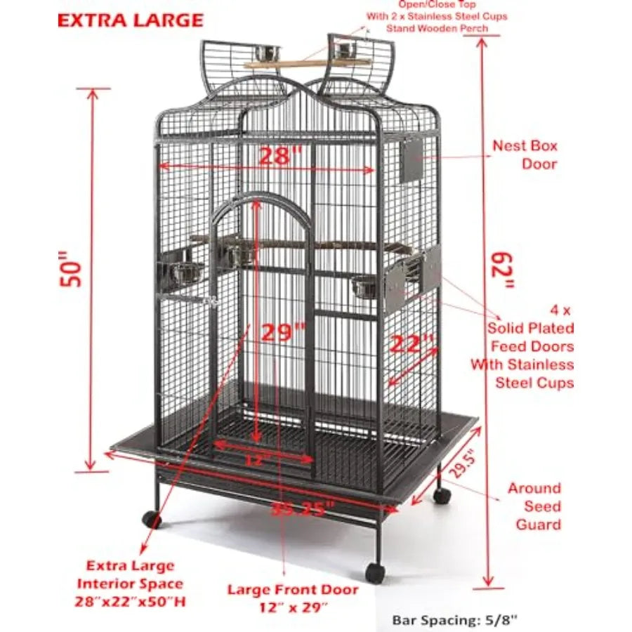 Extra Large Wrought Iron Open/Close Play Top Bird Parrot Cage with Metal Seed Guard Solid Metal Feeder Nest Doors Overall Dimen