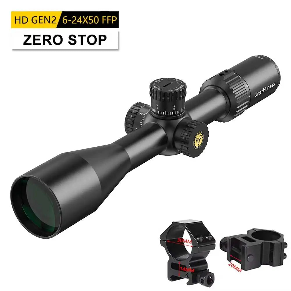 WestHunter HD GEN2 6-24X50 FFP Riflescope 1/10 MIL First Focal Plane Etched Glass Reticle Zero Reset/Zero Stop Optical Sight