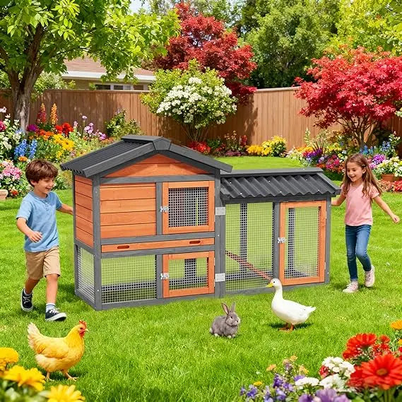 Wooden Outdoor Duck Coop 2 Tier Hen House All Weather Poultry Shelter