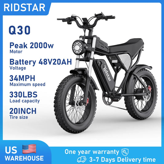 Ridstar Q30 2000W Electric Bike for Adults 48V 20Ah Detachable Battery 33MPH & 88 Miles Electric Motorcycle 20’’ Fat Tire E-Mou