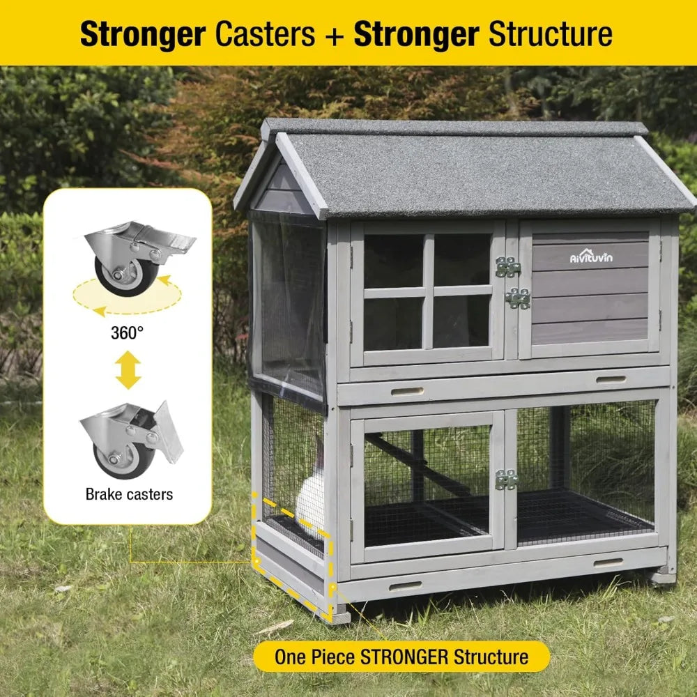 Rabbit Hutch Outdoor Cage With Wheels And Removable Wire Rack
