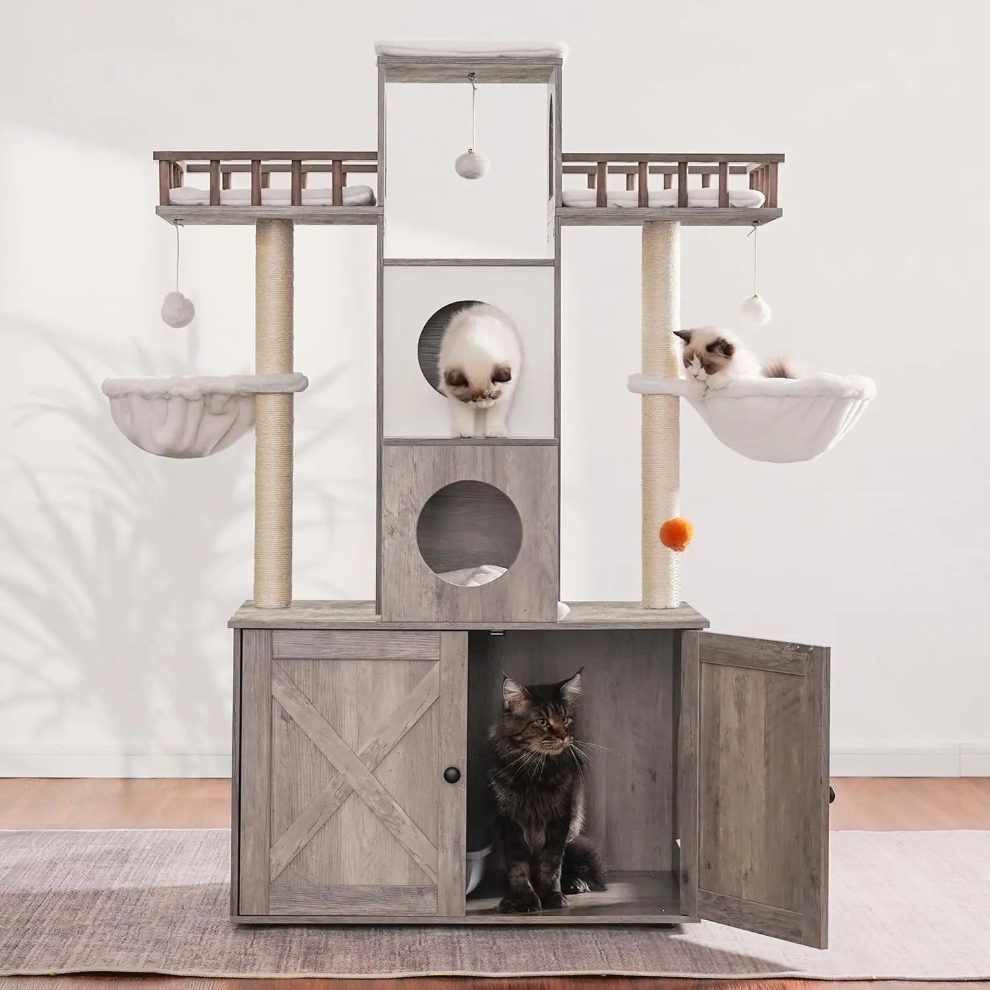 Triple-Tier Cat Tree With Litter Box Enclosure And Scratching Posts