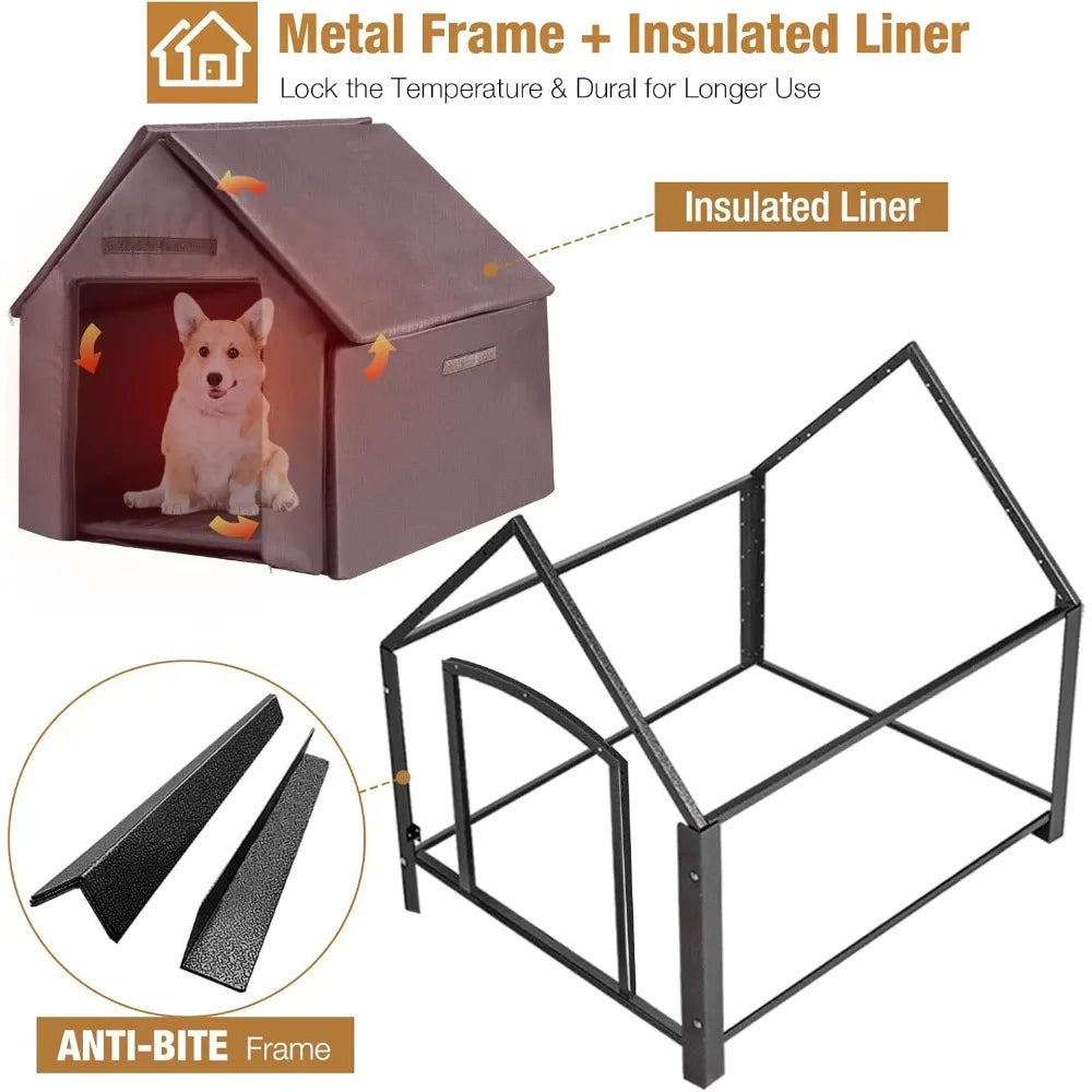 Dog House Outdoor with Insulated Liner, Winter Dog Kennel for Small Mediun Dogs with Anti-Biting Metal Iron Frame, Heated Dog Ho