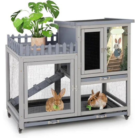 Wood Rabbit Hutch With Balcony Ramp For Indoor Outdoor Use