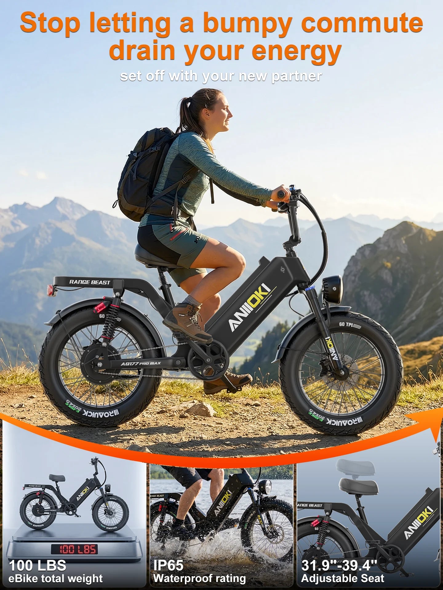 2026 ANIIOKI Electric Bike 1500W Peak Motor 48V 60Ah Battery 31MPH E-Bike AQ177 Long battery life Adult Ebike Fat Tires 20"*4"
