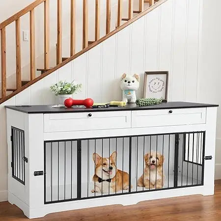 High-concerned Wood Dog Crate End Table With Charging Station