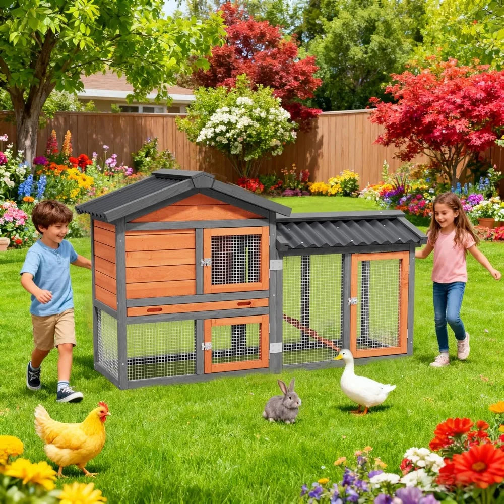 Wooden Outdoor Duck Coop 2 Tier Hen House All Weather Poultry Shelter