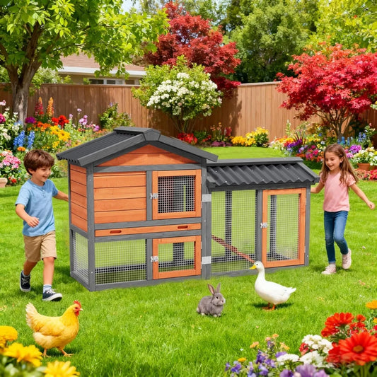 Wooden Outdoor Duck Coop 2 Tier Hen House All Weather Poultry Shelter
