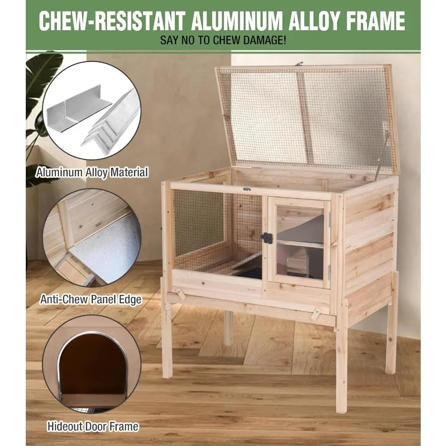 Indoor small animal cage with chewproof edges and leakproof PVC layer for guinea pigs and rabbits featuring deep clean tray and