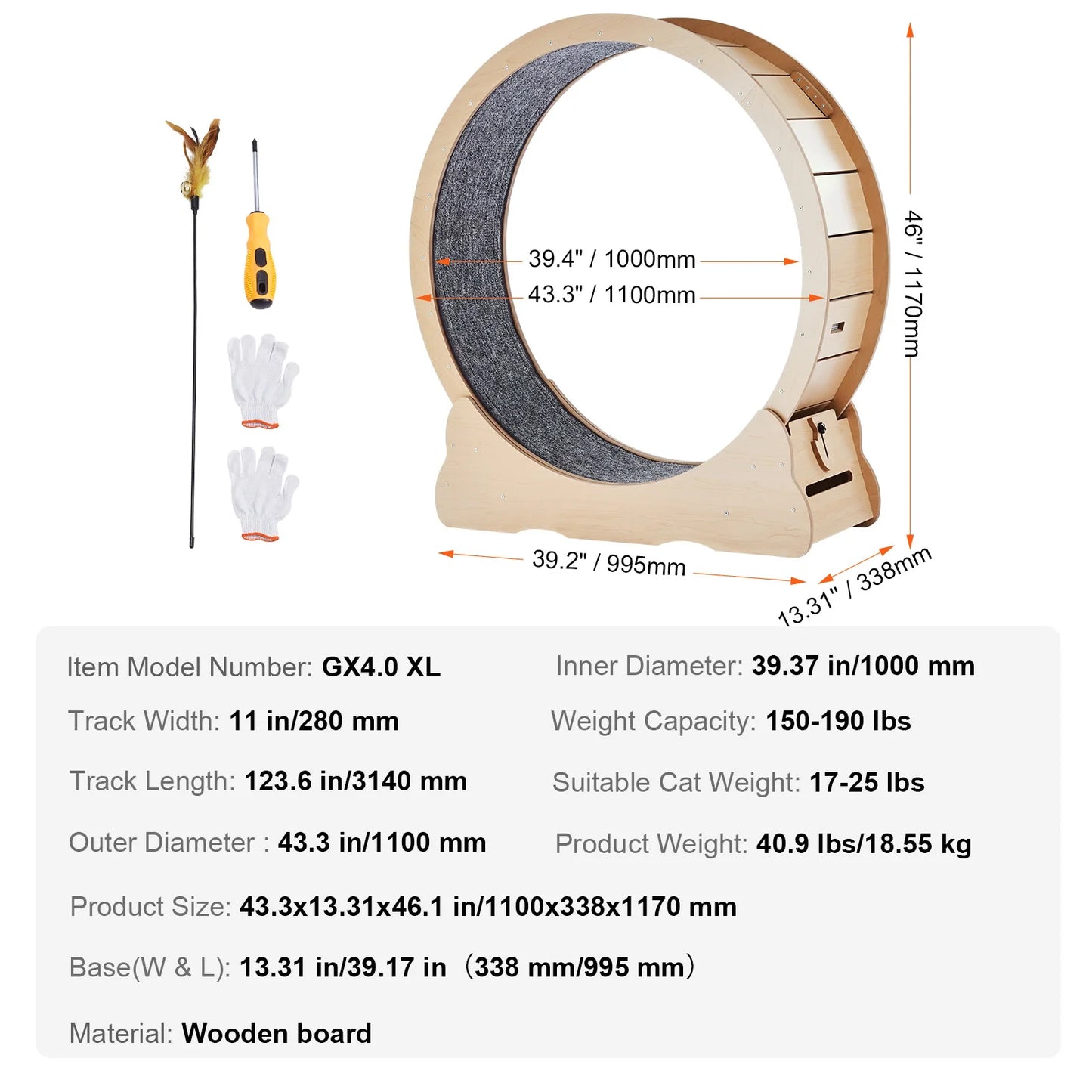 PremiumSolidWood Wooden Cat Exercise Wheel Indoor Running Solution Detachable Carpet