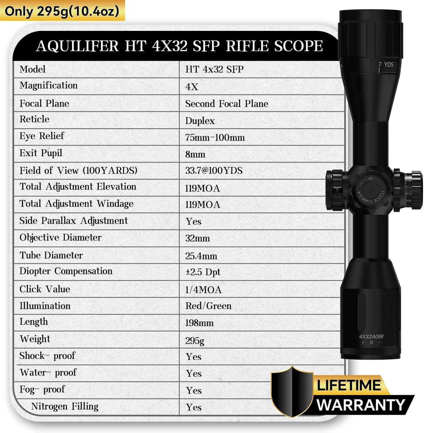 Aquilifer 4x32 AO Hunting Scope 295g Zero Stop for 22LR Rimfire Air Rifle Airgun with Free Scope Rings Lifetime Warranty