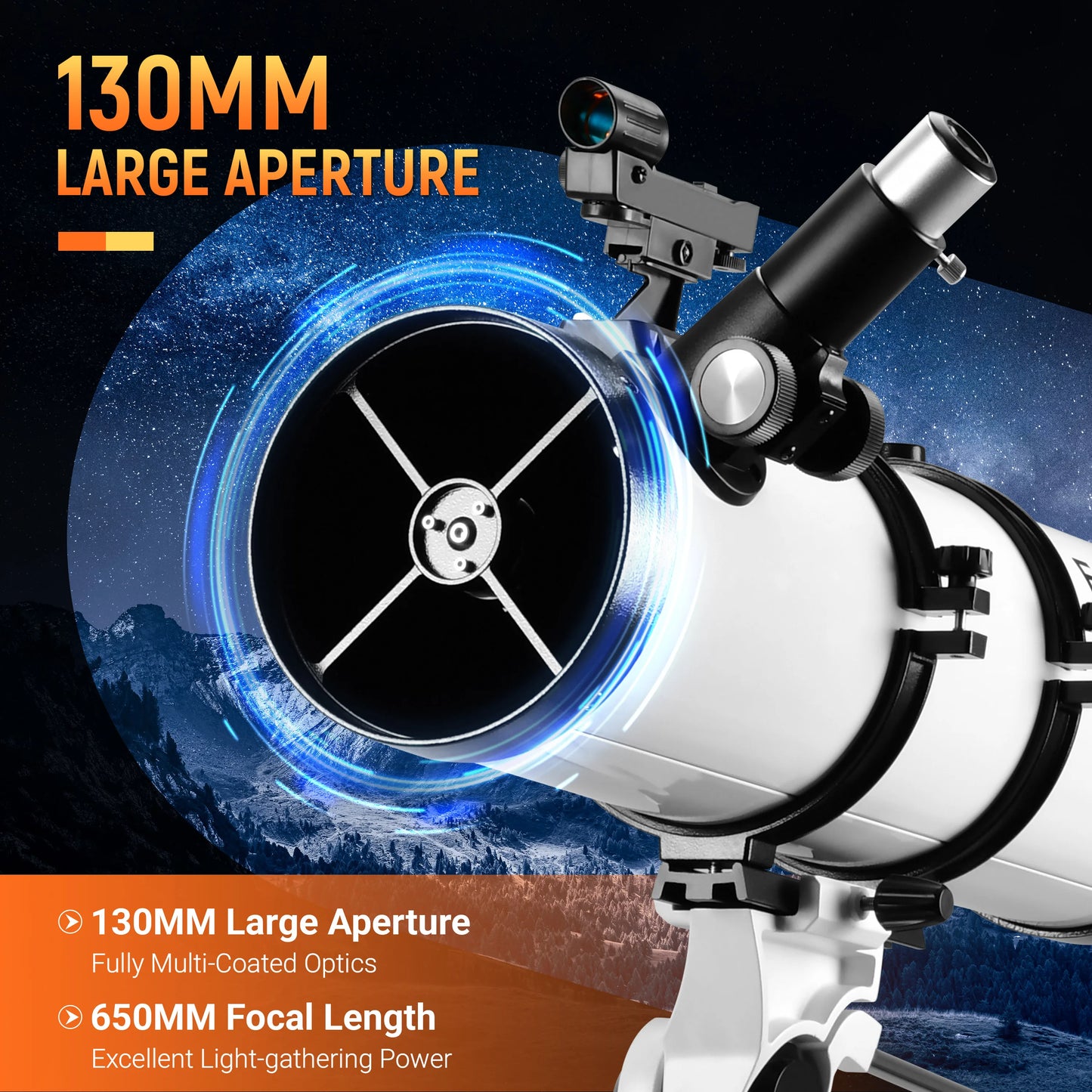 130mm Reflector Telescope with Upgrade Stainless Steel Tripod Mobile Holder Stargazing APP Max 130X for Moon Watching