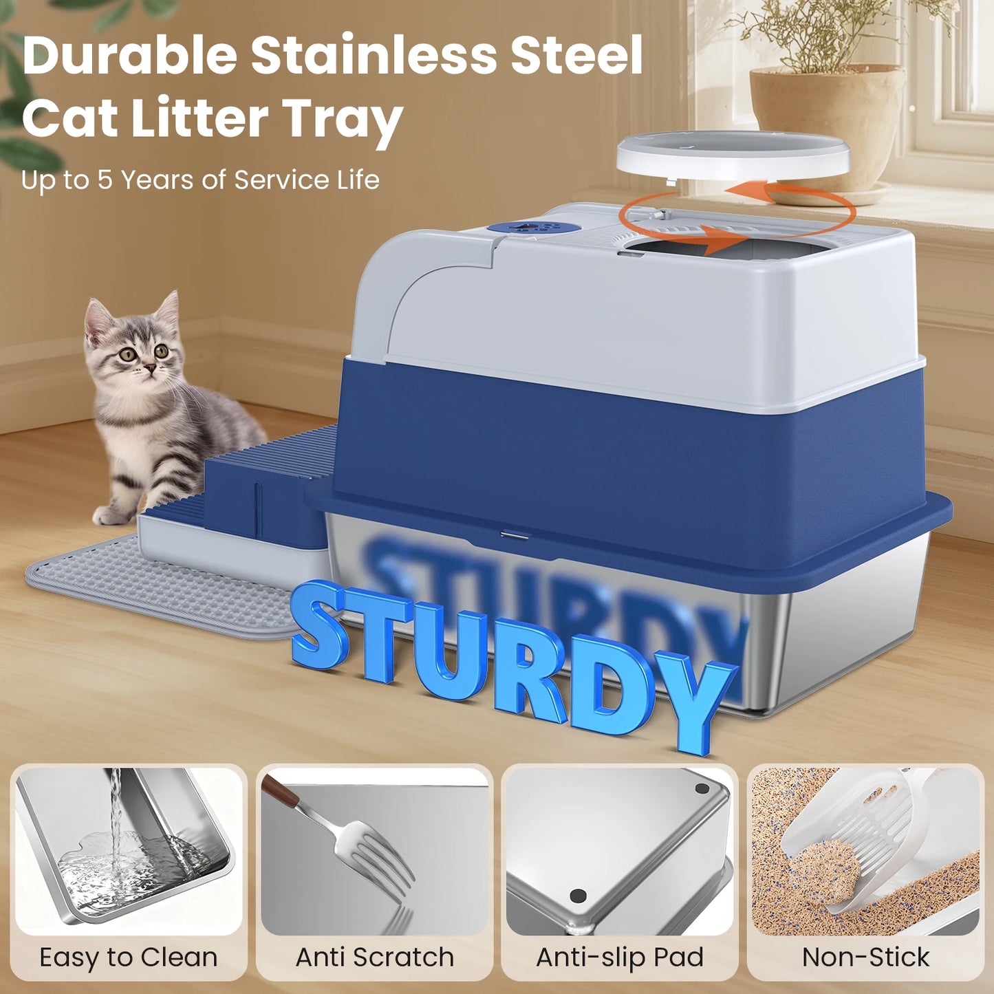 Stainless Steel Cat Litter Box Non-Stick Odor Control Easy Clean with Lid&Scoop Rust-proof Durable Stainless Steel Pet Toilet