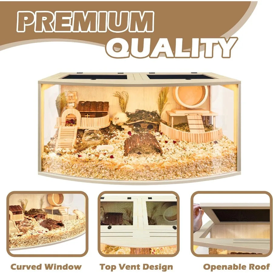 Hamster Cage Chew Proof Wood Hamsters Enclosure Openable Top with Curved Design Waterproof Small Animals Cage with Acrylic Shee