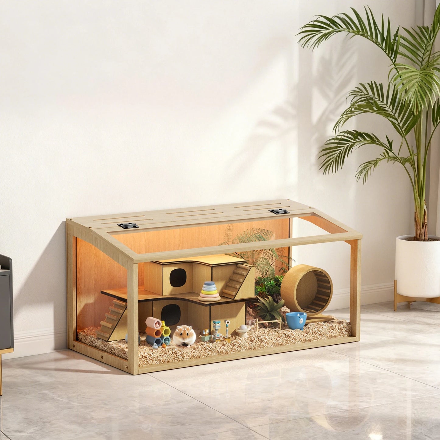 NONECN Wooden Hamster Guinea Pig Cage With Tempered Glass Panels Open Top