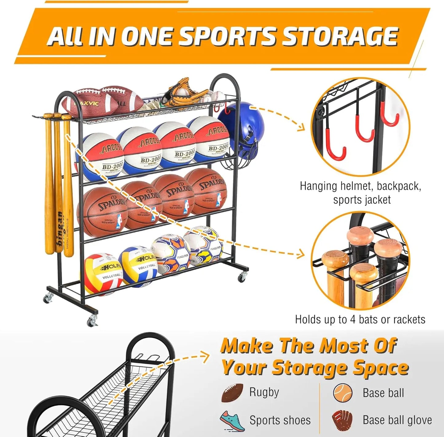 Rolling Sports Equipment Storage Rack with Wheels, Holds Basketballs, Baseball Bats, Volleyballs & Football Accessories