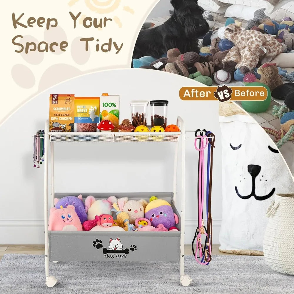 Two Tier Mobile Dog Toy Storage Basket Organizer Living Room
