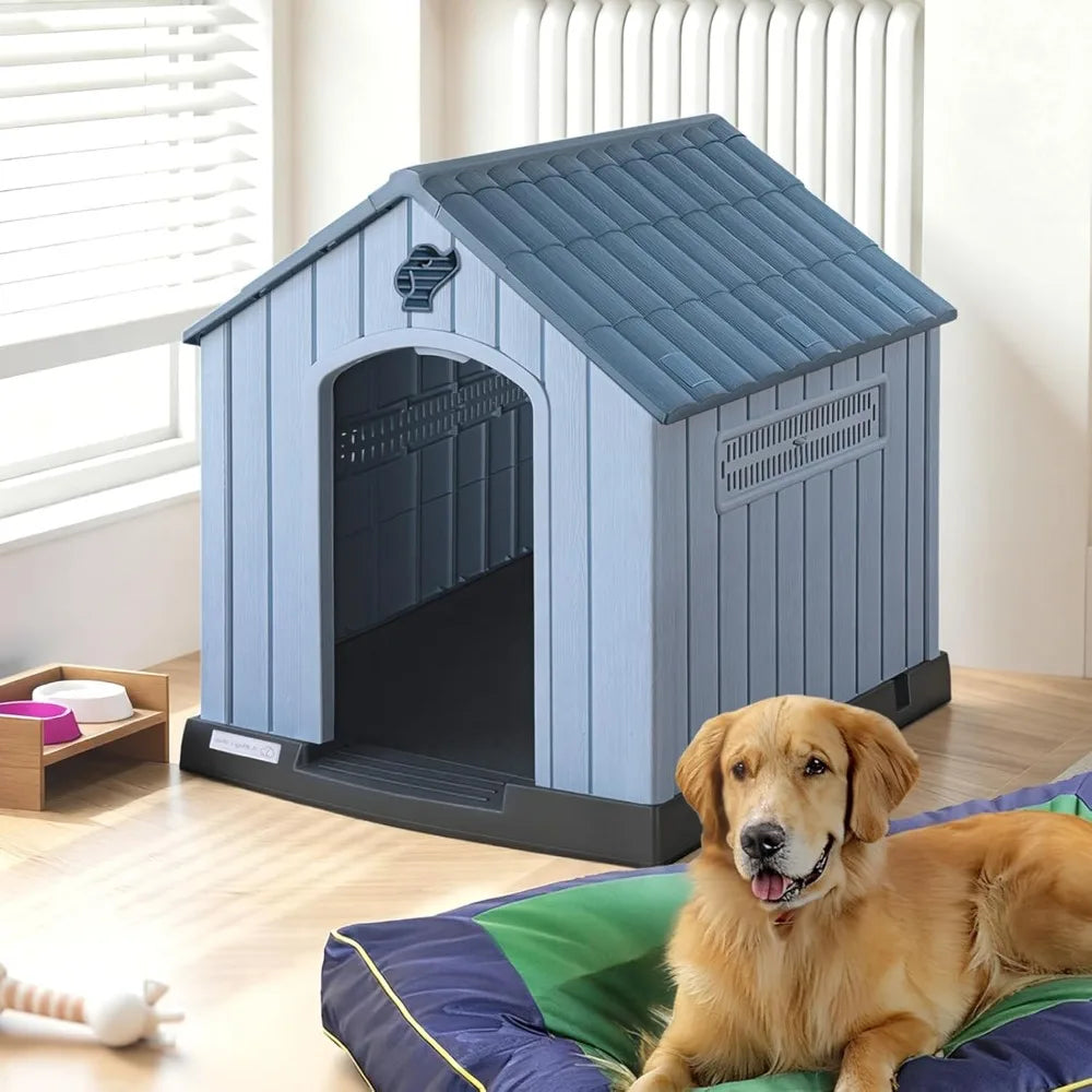 PUKAMI Large Dog House Outdoor Indoor, Plastic Dog House Weatherproof for Large Dogs, Study Puppy Shelter with Air Vents and Ele