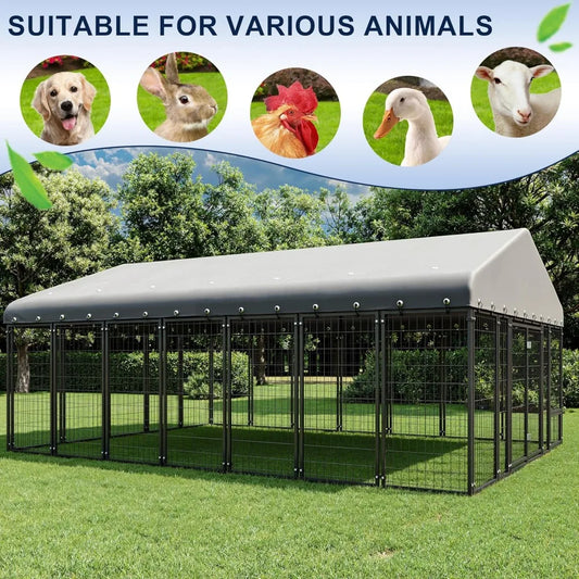 10X14FT Dog Kennel Outside Double Door Dog Kennel Outdoor with Feeding