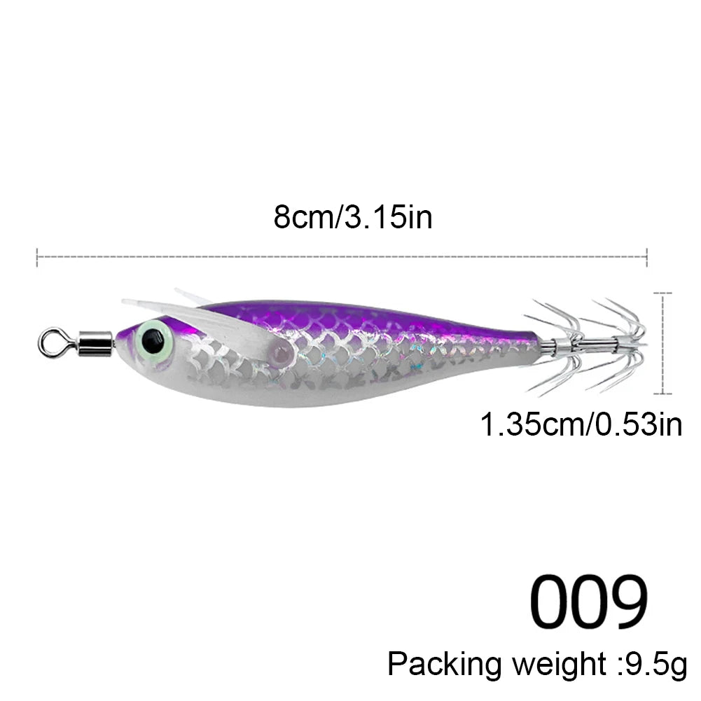 3-1Pcs Squid Jig Hook Fishing Lure Luminous 8cm 9.5g Artificial Fake Octopus Lures Wood Shrimp Cuttlefish Hard Bait Sea Tackle