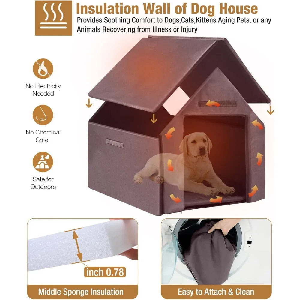 Dog House Outdoor with Insulated Liner, Winter Dog Kennel for Small Mediun Dogs with Anti-Biting Metal Iron Frame, Heated Dog Ho