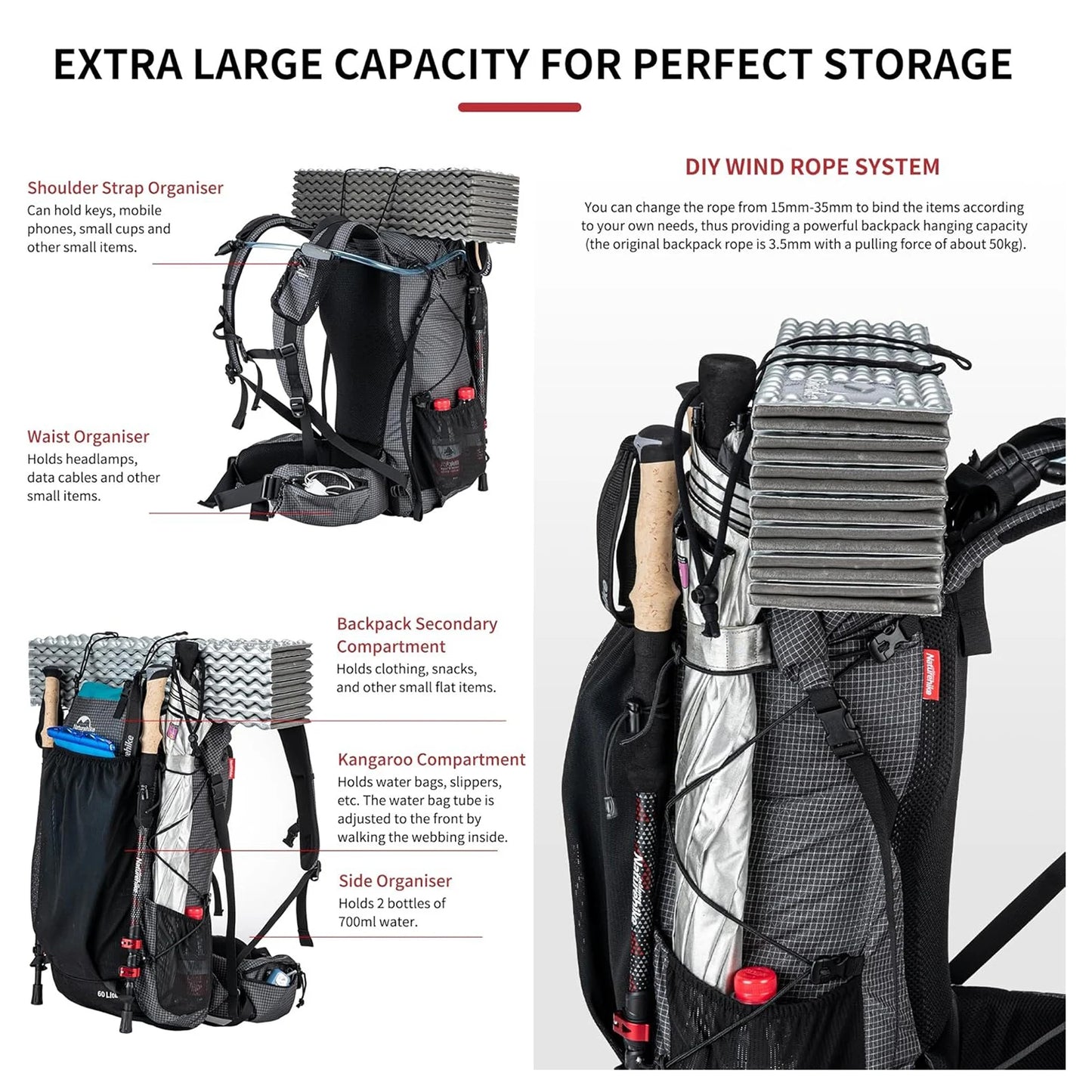 Naturehike Weatherproof Mountain Backpack For Exhaustive Hiking Travel Rain Cover