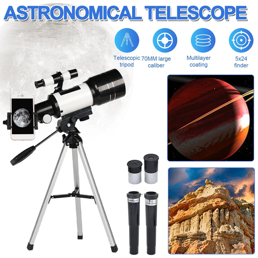 150X Astronomical Telescope , 70mm Aperture Refractor Portable Travel Telescope with Phone Adapter &Wireless Remote
