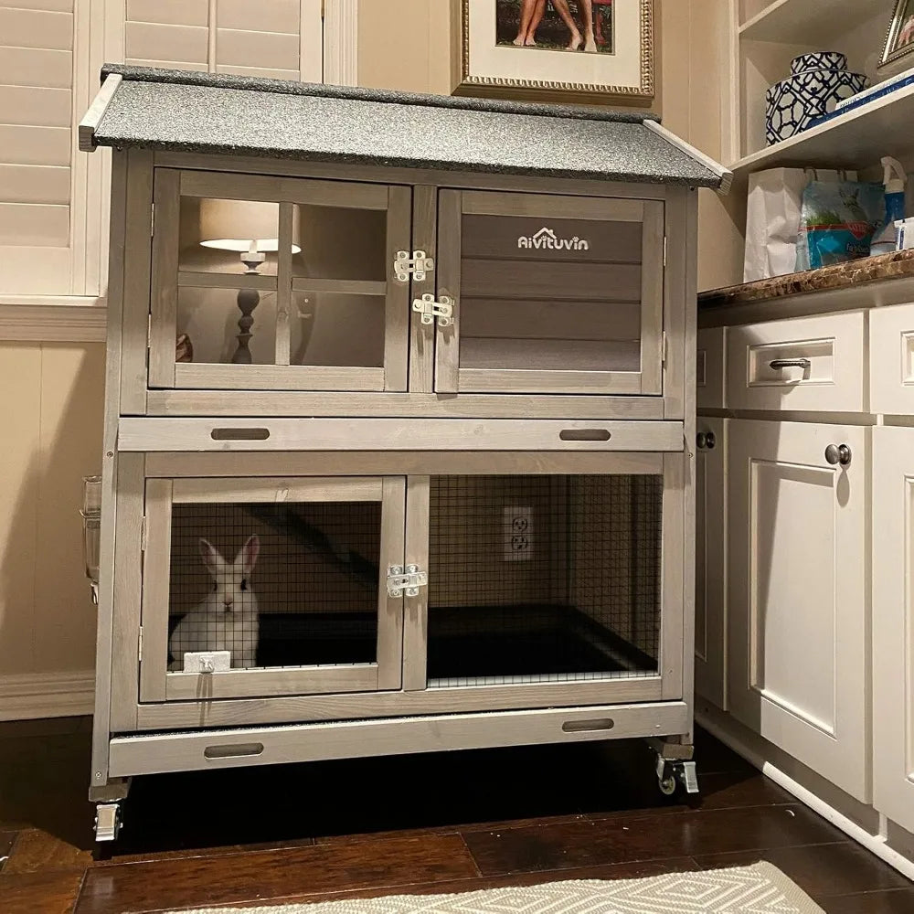 Rabbit Hutch Outdoor Cage With Wheels And Removable Wire Rack