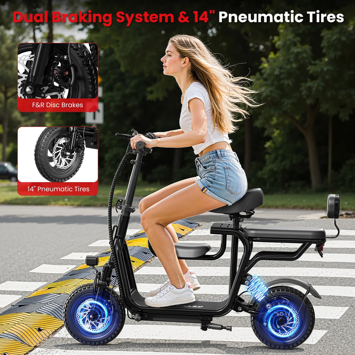 48V Electric Scooter with Seat for Adults Electric Scooter with 750W Peak Power Motor 18.75 MPH 20 Mile Range, Dual Disc Brakes