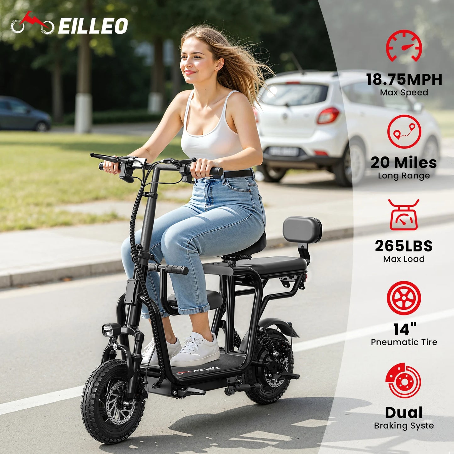 48V Electric Scooter with Seat for Adults Electric Scooter with 750W Peak Power Motor 18.75 MPH 20 Mile Range, Dual Disc Brakes