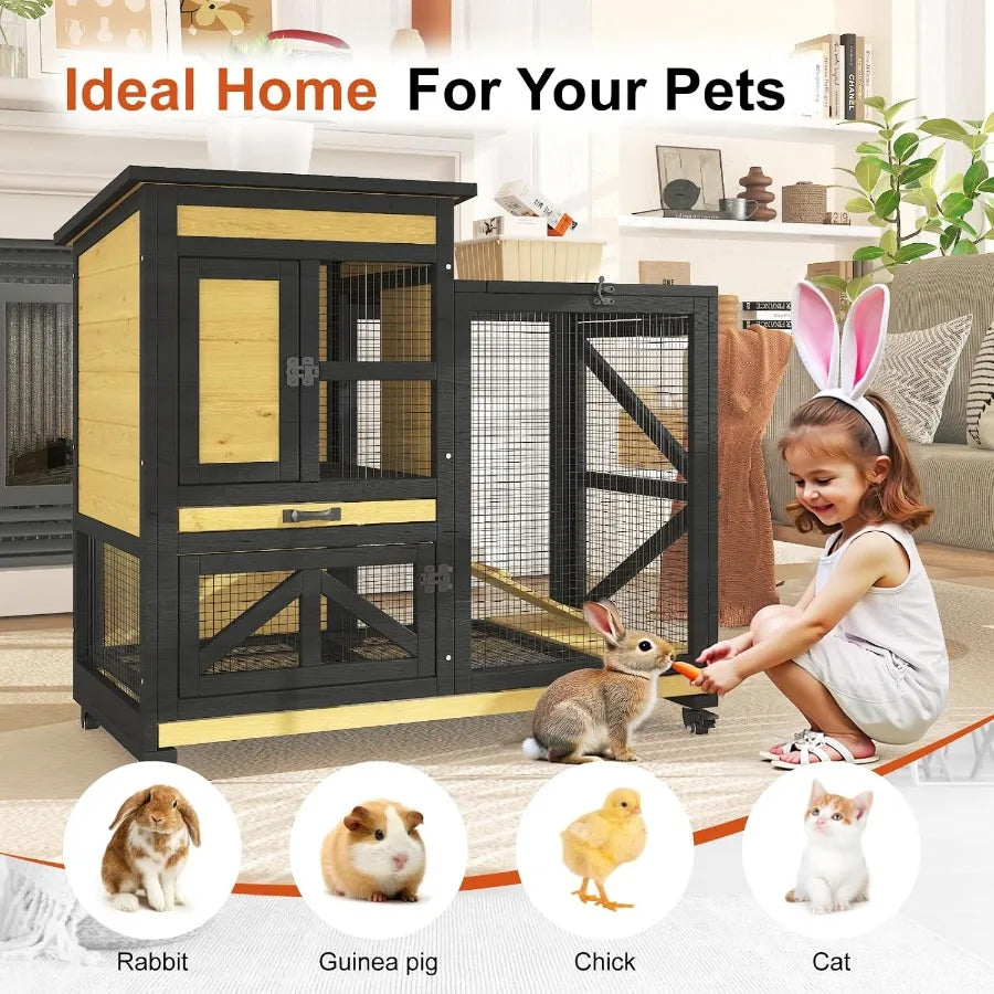 NONECN Wooden Rabbit Cage Two Story Hutch with Wheels