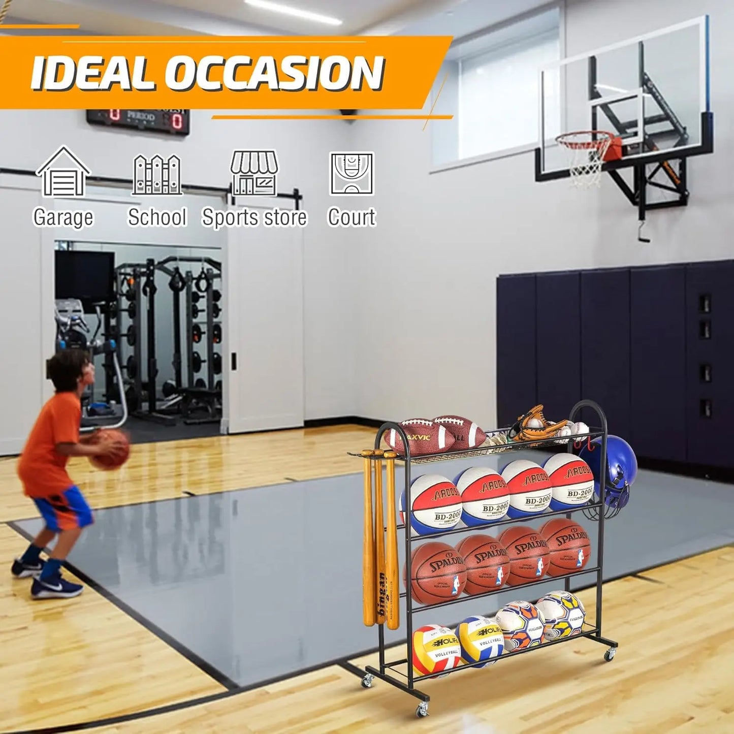 Rolling Sports Equipment Storage Rack with Wheels, Holds Basketballs, Baseball Bats, Volleyballs & Football Accessories