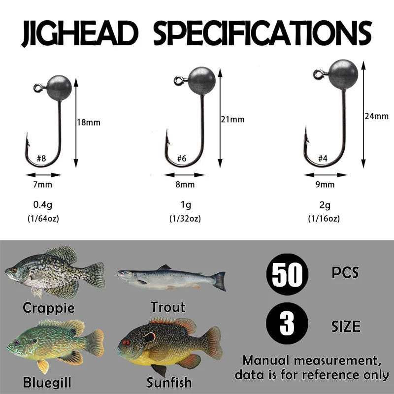 50pcs Original Color Fishing Hooks Set Carp Fishing Accessories Jig Head Fishing Goods Equipment 0.45/1/2g Fishing Crappie