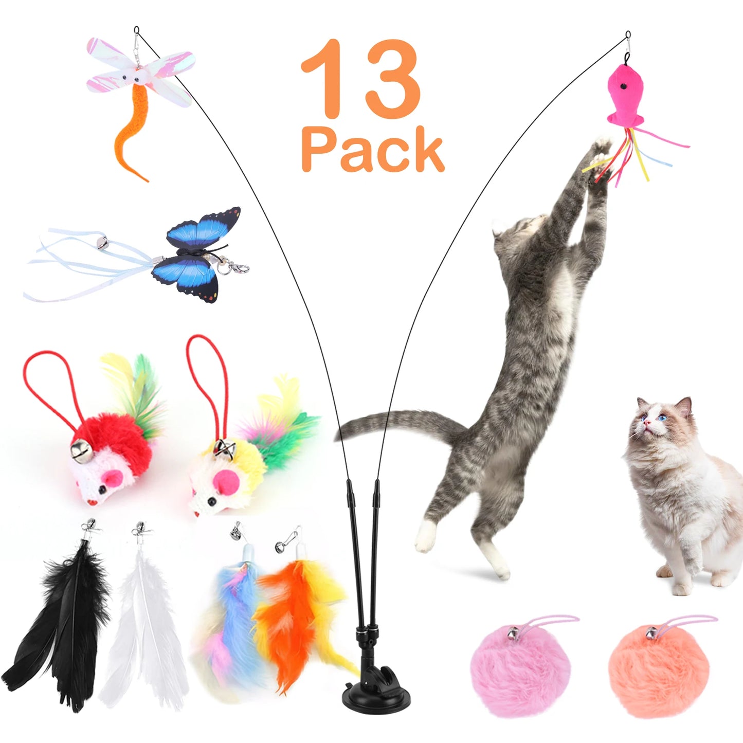 Shunmaii Pet Cat Toy Set With Suction Cup Teaser Stick
