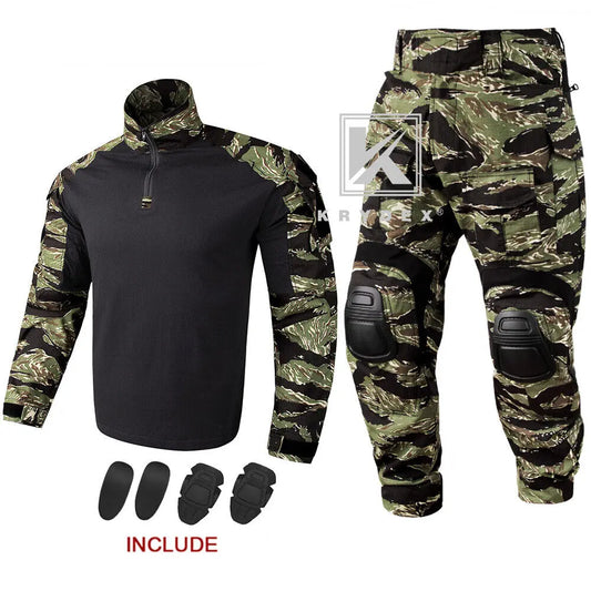 KRYDEX Camouflage Combat Uniform Clothing Hunting Hiking Tactical Shirt & Pants Suit Kit Tiger Stripe Camo