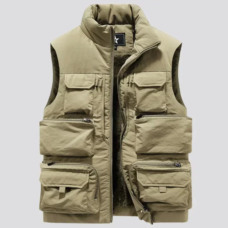 Men's New Keep Warm Fleece Work Sleeveless Jacket Slim Fit Windbreaker Fashion Many Pocket Jacket Men Winter Sleeveless Jackets