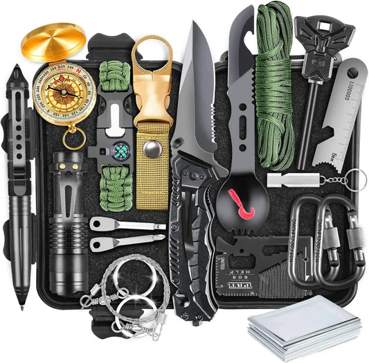 19-in-1 Survival Kit for Men, Emergency Gear with Compass & Whistle, Lightweight Camping Accessories