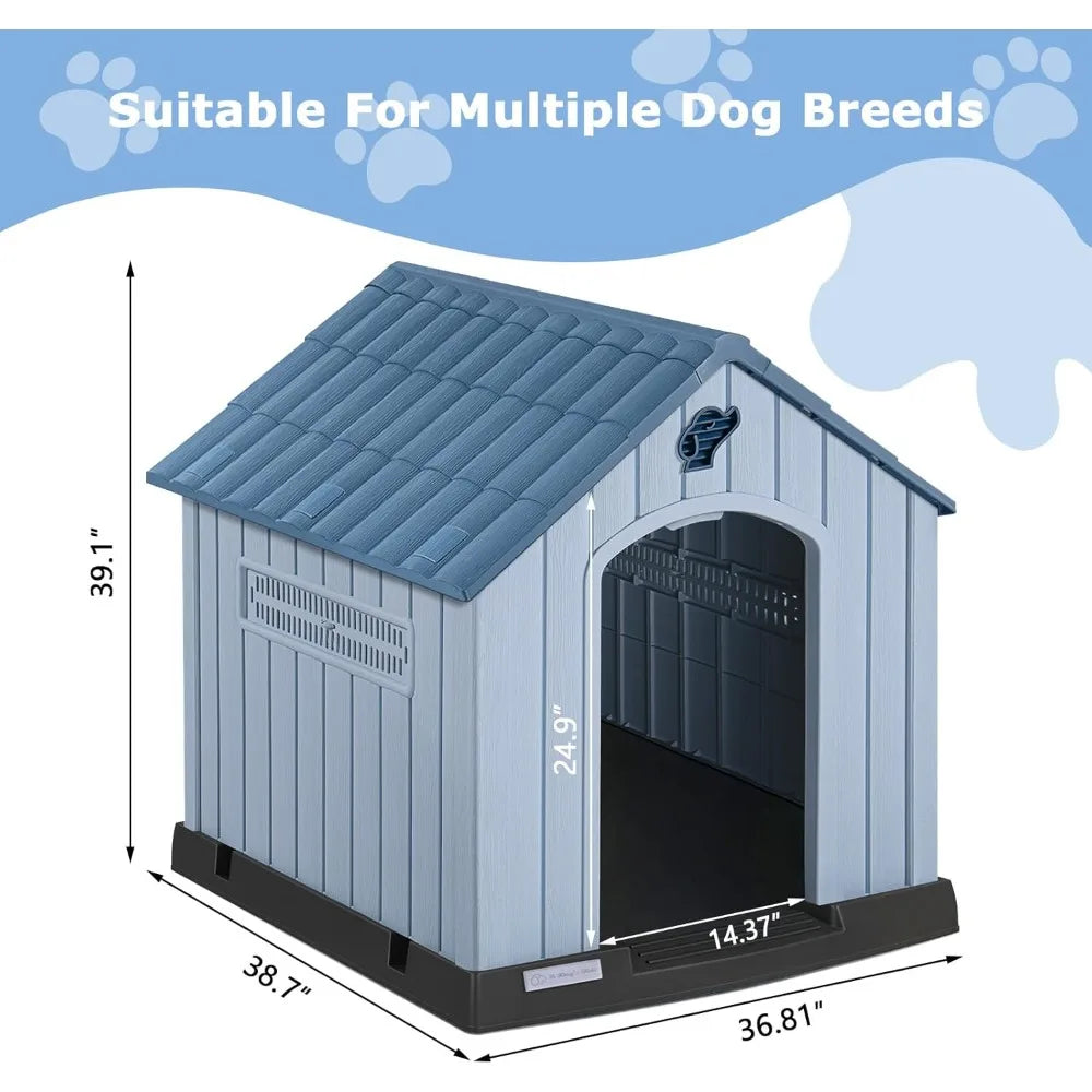 PUKAMI Large Dog House Outdoor Indoor, Plastic Dog House Weatherproof for Large Dogs, Study Puppy Shelter with Air Vents and Ele