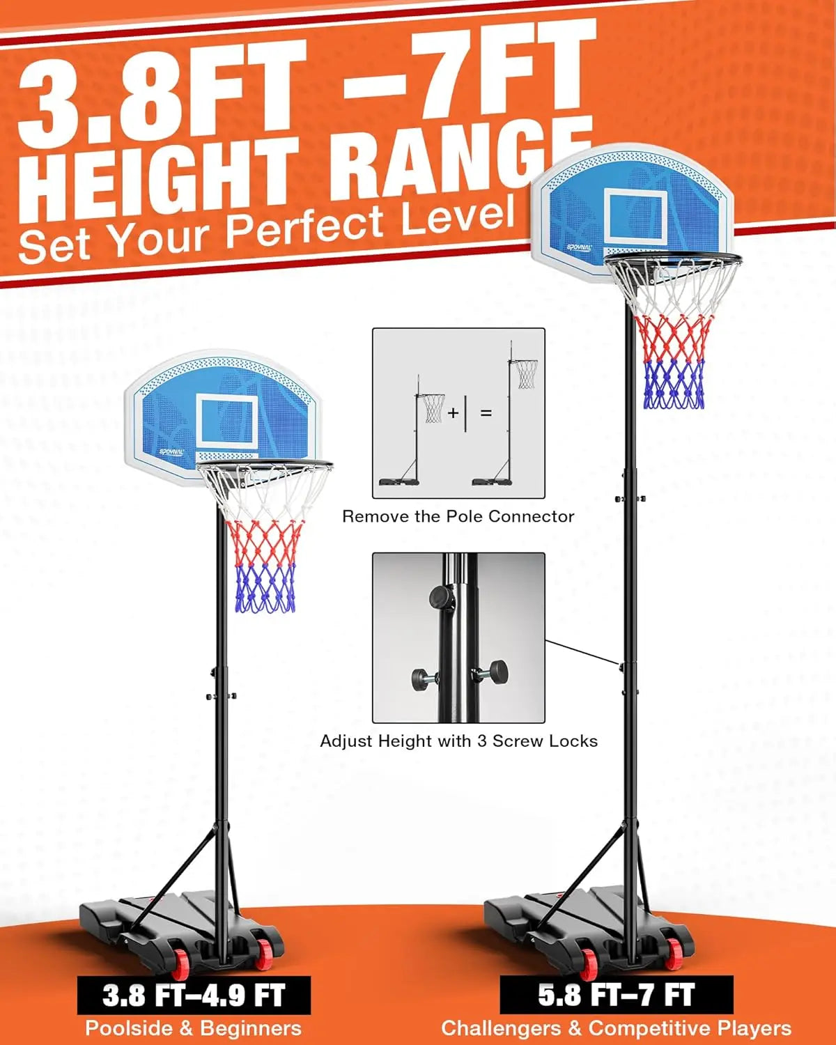 Adjustable LED Portable Basketball Hoop for Teens, 3.8-7 FT Height with Fillable Base & Wheels