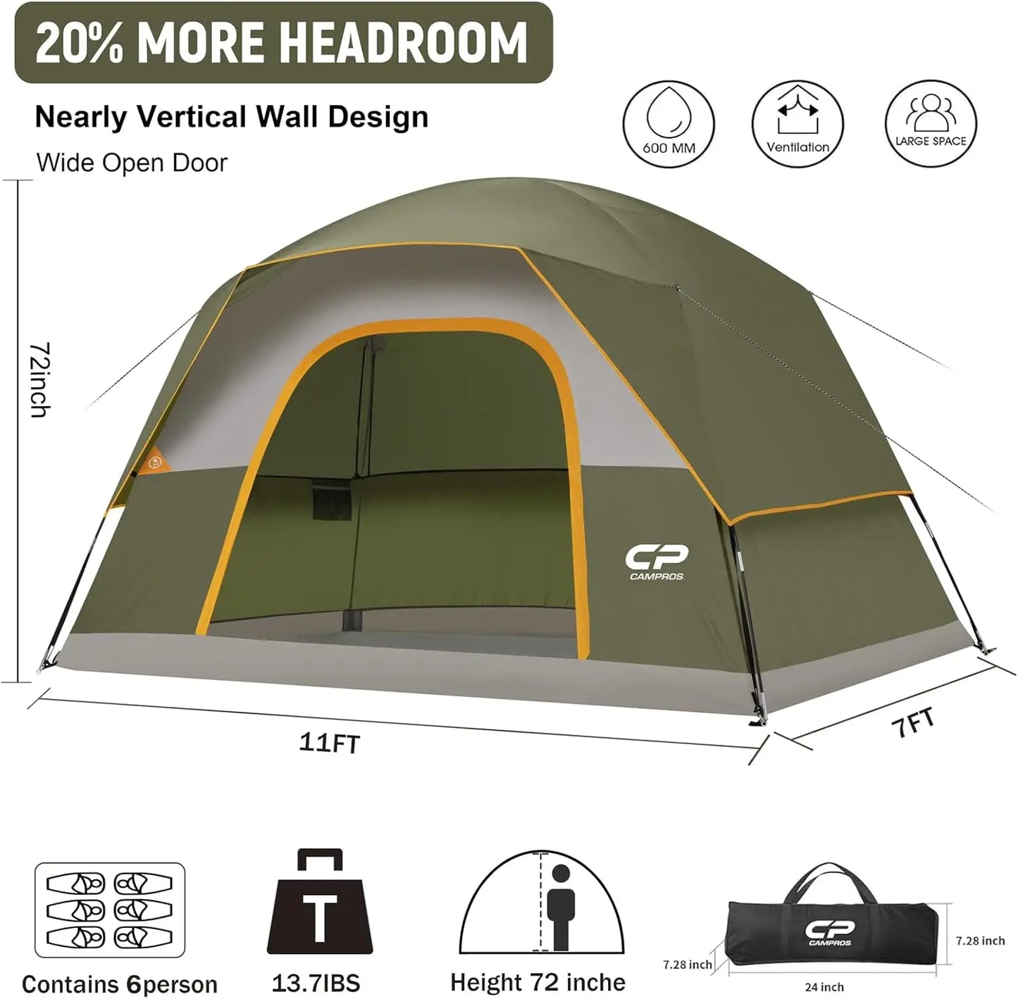 6 Person Waterproof Windproof Double Layer Family Camping Tent, Easy Setup Dome with Large Mesh Windows for Outdoor Hiking