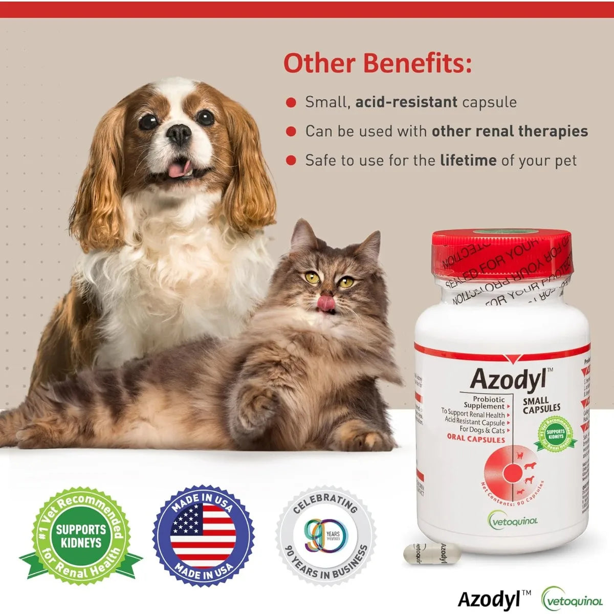 Kidney Care Supplement for Dogs & Cats, Vetoquinol Azodyl 90ct Probiotic Formula to Support Renal Health & Toxin Management