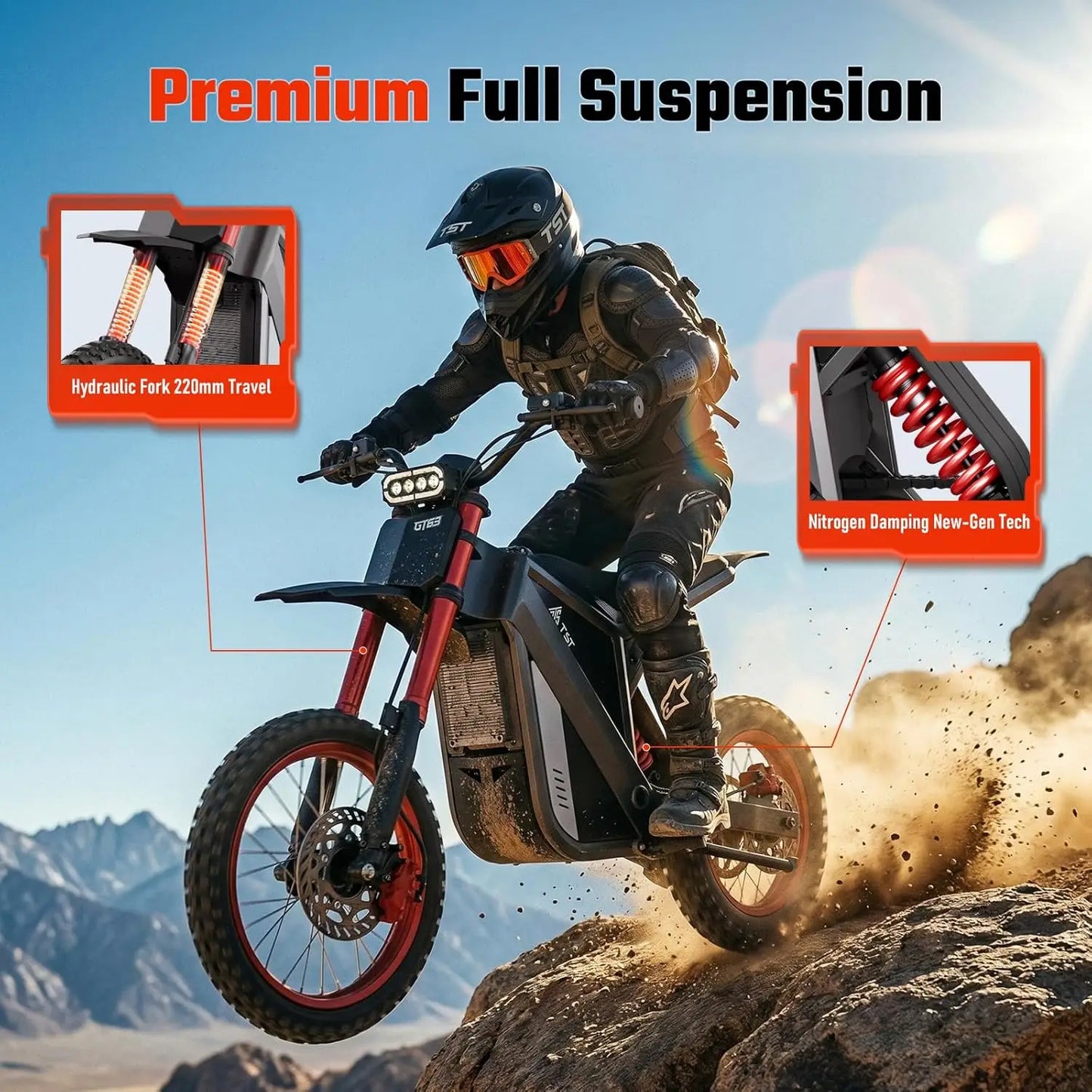 TST GT63 Electric Dirt Bike 2200W Peak Motor, 48V 22.5Ah, 37MPH Off-Road Electric Bike, Hydraulic Brakes